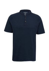 Navyblauwe polo met korte mouwen en een staande kraag, vijf knopenlijst en zachte katoenen stof. Voorzien van ribgebreide halslijn en stikseldetails.