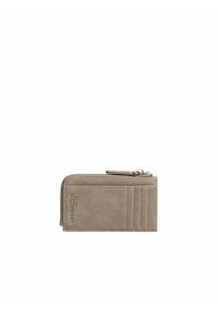 Portefeuille en cuir gris clair avec une fermeture éclair, logo en relief et plusieurs emplacements pour cartes d'un côté, présentant une texture lisse.