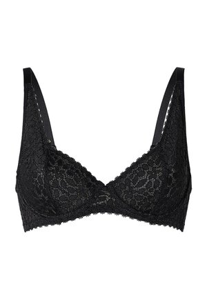 Bralette in pizzo nero con forma triangolare, spalline regolabili e bordi scallopati. Presenta un motivo in pizzo testurizzato su tutta la superficie.