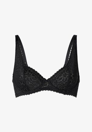 Bralette in pizzo nero con forma triangolare, spalline regolabili e bordi scallopati. Presenta un motivo in pizzo testurizzato su tutta la superficie.