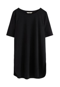 Sort kortærmet t-shirt med en afslappet pasform, rund halsudskæring og let buet kant. Lavet af blødt, let materiale.