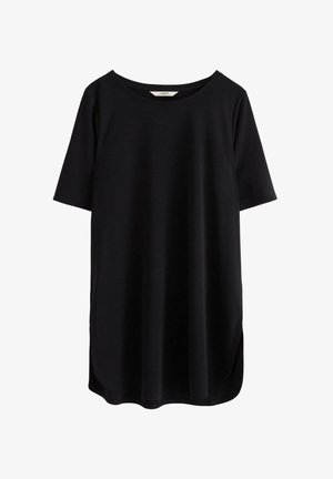 Svart kortärmad t-shirt med en avslappnad passform, rund halsringning och lätt böjd fåll. Tillverkad av mjukt, lätt material.