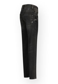 Mustad denim püksid, sirge lõikega, millel on tuhmid aktsendid, viis taskut ja nahataoline vöömärgistus. Klassikalised disainielemendid.