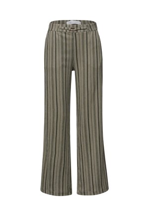 Pantalon taille haute vert olive avec rayures verticales noires, détail boucle à l'avant et coupe jambes larges.