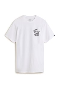Witte katoenen t-shirt met een zwart grafisch ontwerp op de linkerborst met de tekst "Het is een Verstoorde Wereld VANS." Klassiek ontwerp met ronde hals.