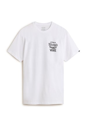 Weißes Baumwoll-T-Shirt mit einem schwarzen Grafikdruck auf der linken Brust, auf dem "It's a Warped World VANS" steht. Klassisches Rundhals-Design.