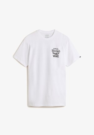 Weißes Baumwoll-T-Shirt mit einem schwarzen Grafikdruck auf der linken Brust, auf dem "It's a Warped World VANS" steht. Klassisches Rundhals-Design.