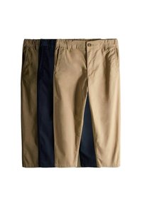 Drei Hosenpaare: zwei in Khaki und eine in Marineblau. Sie verfügen über einen elastischen Bund und seitliche Taschen. Das Material wirkt glatt und weich.