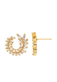Boucles d'oreilles en or en forme de cerceau, présentant des motifs en forme de feuilles ornés de cristaux transparents taillés en marquise. Surface texturée avec une finition polie.