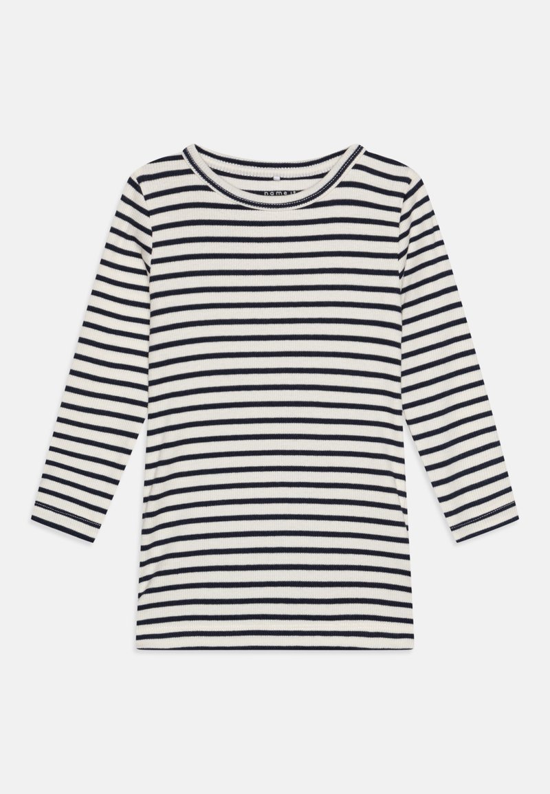 Ριγέ μπλούζα μακρύ μανίκι με ραβδωτή υφή, διαθέτει ναυτικό μπλε και λευκές οριζόντιες ρίγες, στρογγυλή λαιμόκοψη και μαλακό υλικό.
