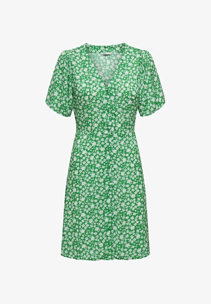 Robe verte avec des manches courtes évasées, un décolleté en V et un motif floral blanc, présentant une ligne centrale de boutons et une taille ajustée.