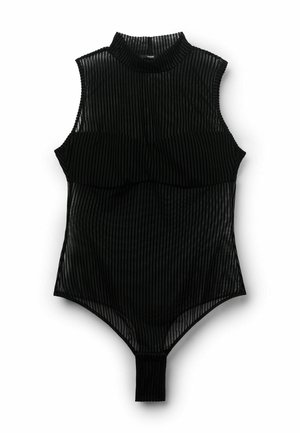 Schwarzer Body mit hohem Kragen, ärmellosem Design, vertikalen Streifen, detailreicher Rüschentaille und Tanga-Stil am unteren Bereich.