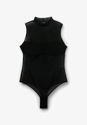 Zwart bodypak met hoge kraag, mouwloos ontwerp, voorzien van verticale strepen, ruches aan de voorkant en een string-achtige onderkant.
