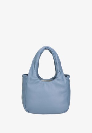 Borsa a mano in pelle azzurro chiaro con una texture morbida e liscia, parte superiore arrotondata e doppi manici. Presenta una chiusura con zip superiore e un design minimalista.