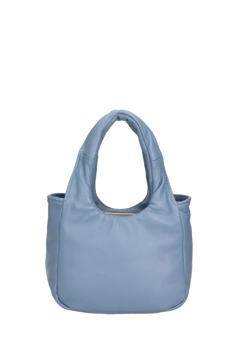 Borsa a mano in pelle azzurro chiaro con una texture morbida e liscia, parte superiore arrotondata e doppi manici. Presenta una chiusura con zip superiore e un design minimalista.
