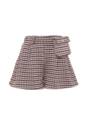 Short taille haute à carreaux avec une poche latérale à rabat, présentant des couleurs bleu marine, marron et beige dans un motif pied-de-poule.