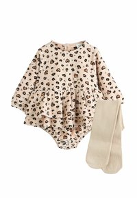 Leopard-print bodysuit in beige with a layered peplum design, paired with beige ribbed tights. Soft fabric, long sleeves, and snap closure at the back.