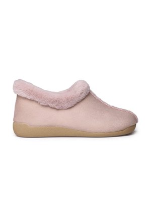 Pink fuzzy slippers with a soft textured upper, rounded toe, and a plush collar. Features a tan rubber sole for durability.