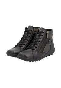 Bottines hautes en cuir noir avec lacets et fermeture éclair latérale, comportant un panneau texturé et une semelle robuste pour une meilleure adhérence.