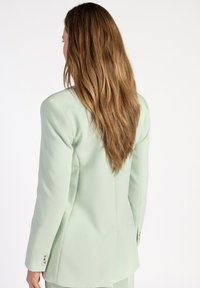 Lichtgroene blazer met een getailleerde pasvorm, ronde schouders en drie knoopaccenten op de mouwen. Gladde textuur, achterkant zicht.