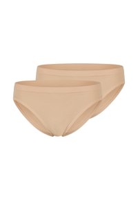 Beiges Baumwoll-Unterhosen-Set mit einem glatten, nahtlosen Design und einem weichen, elastischen Bund. Zwei Paare sind übereinander gestapelt zu sehen.