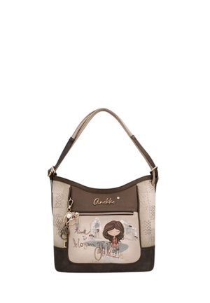 Borsa a tracolla marrone e beige con disegno di una ragazza dei cartoni animati, bicicletta e gabbia per uccelli sulla tasca anteriore, con i testi "Anekke" e "Time to bloom".