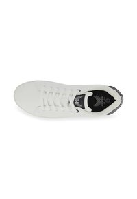 White sneaker with smooth leather upper, textured tongue, six eyelets, black insoles, and gray heel accent. Rubber sole, low-profile design.