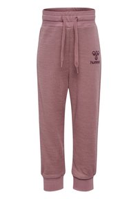 Hummel rosa joggers med slim fit, mjuk textur, elastisk midja och dragsko. Har en logga på vänster lår.
