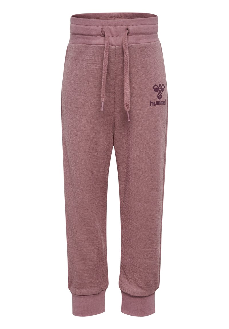 Hummel pink joggers with a slim fit, soft texture, elastic waistband, and drawstring. Features a logo on the left thigh.