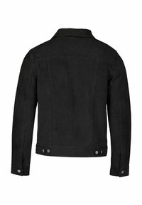 Fekete velúr dzseki egyenes szabással, gallérral és gombos mandzsettákkal. Két oldalsó gomb található az alsó szegélyen, valamint sima felületű.