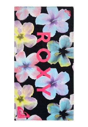 Toalla negra con flores grandes y coloridas y el texto en negrita "ROXY" en color rosa centrado verticalmente.