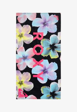Toalla negra con flores grandes y coloridas y el texto en negrita "ROXY" en color rosa centrado verticalmente.