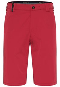 Shorts de golf rouges en tissu lisse. Présentent une fermeture à bouton, un devant plat et deux poches latérales avec un logo discret sur la taille.