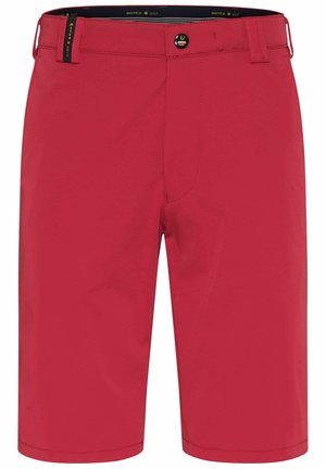 Rote Golf-Shorts aus glattem Stoff. Mit Knopfverschluss, flachem Frontdesign und zwei seitlichen Taschen sowie dezentem Branding am Bund.