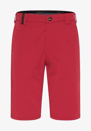Shorts de golf rouges en tissu lisse. Présentent une fermeture à bouton, un devant plat et deux poches latérales avec un logo discret sur la taille.