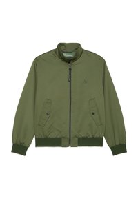 Olive green bomber jacket with a high collar, zip closure, two front pockets, elastic cuffs and hem, featuring a subtle logo detail.