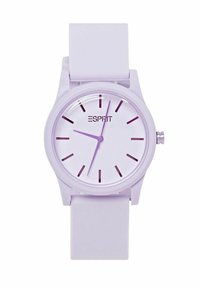 Lila Silikon-Uhr mit rundem Ziffernblatt, minimalistischem Design, weißem Ziffernblatt, lila Stundenmarkierungen und -zeigern sowie dem Markennamen "ESPRIT".
