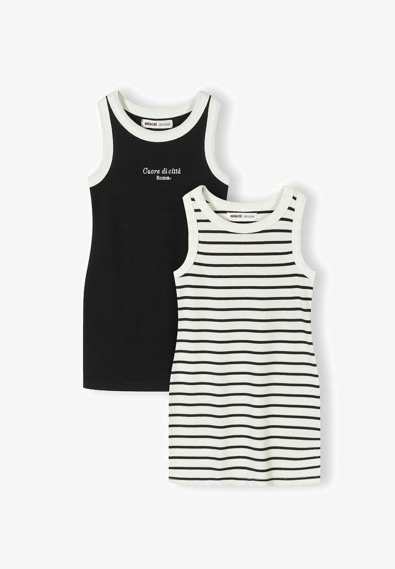 Dvě dětské šaty bez rukávů s žebrovanou strukturou; jedny černé s bílým lemováním a nápisem, druhé bílé s černými vodorovnými pruhy a bílým lemováním.