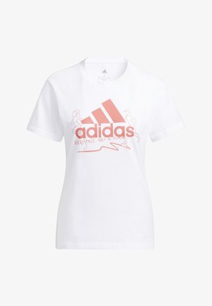 Wit Adidas T-shirt met roze logo, tekst "Every pace has a place" en omtrekken van twee hardlopers aan weerszijden van het logo.