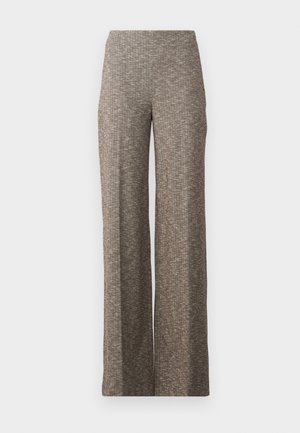 Videbukser i en struktureret brun stof med et subtilt herringbone-mønster. Elastisk talje for komfort, lige ben design.