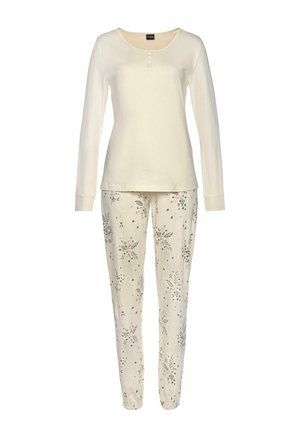 Long-sleeve cream henley top paired with cream floral patterned pajama pants featuring elastic cuffs.