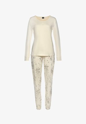 Long-sleeve cream henley top paired with cream floral patterned pajama pants featuring elastic cuffs.