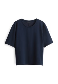 Top blu navy a maniche corte realizzato in tessuto testurizzato, con scollatura rotonda e vestibilità rilassata. Materiale morbido a coste con un motivo sottile.
