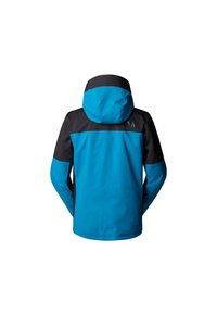 Blå och svart vattentät jacka med huva, med en färgblockeringsdesign och logotyp på övre delen av ryggen. Slät textur genom hela jackan.