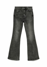 Jeans évasés en denim gris foncé, avec une taille haute, un design à cinq poches et un ourlet brut en bas pour un look moderne.