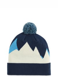 Strickmütze mit einem Marineblau- und Cremeberghdesign, akzentuiert mit hellblauen Elementen, gekrönt von einem blauen Pompon; weiche Textur, enganliegende Passform.