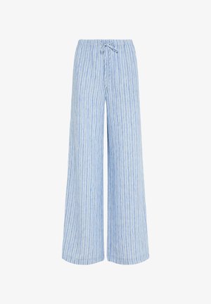 Lichtblauwe en witte broek met verticale strepen, wijde pijpen, een elastische tailleband en een vooraan vast te knopen koord.