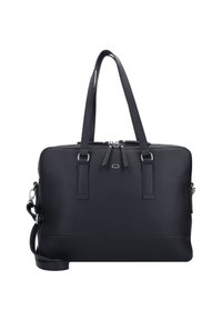 Czarna skórzana torebka na ramię z dwoma uchwytami na górze, odpinanym paskiem na ramię, podwójnym zamknięciem na zamek oraz teksturowaną powierzchnią. Posiada minimalistyczne srebrne okucia.