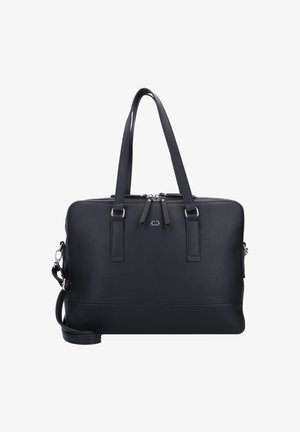 Zwarte leren handtas met twee bovenhandgrepen, een afneembare schouderriem, dubbele ritssluiting en een textuur oppervlak. Voorzien van minimaal zilver hardware.