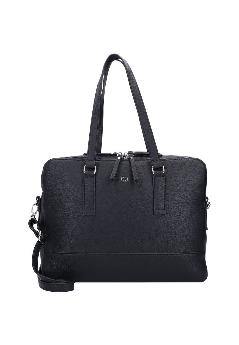 Czarna skórzana torebka na ramię z dwoma uchwytami na górze, odpinanym paskiem na ramię, podwójnym zamknięciem na zamek oraz teksturowaną powierzchnią. Posiada minimalistyczne srebrne okucia.